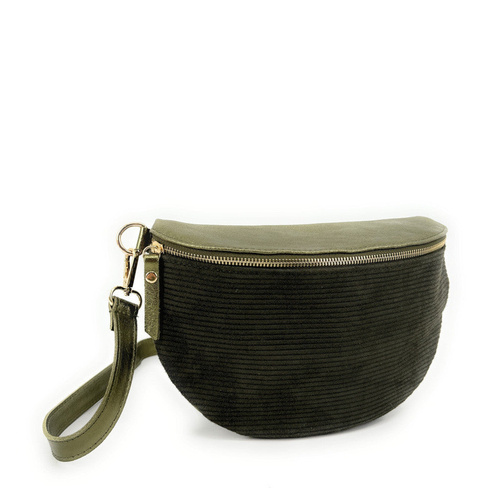 Sac banane en cuir irisé et croûte de cuir LOUNA VELOURS Kaki