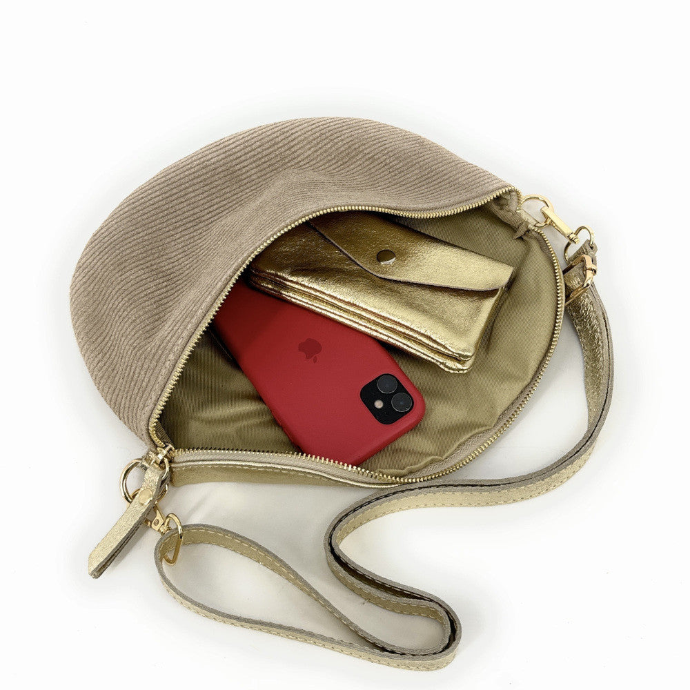 Sac banane en cuir irisé et croûte de cuir LOUNA VELOURS Taupe clair