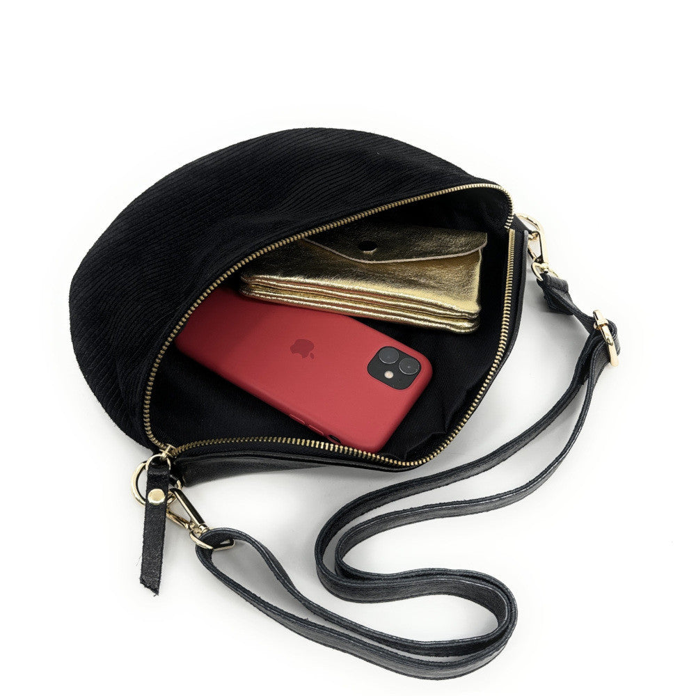 Sac banane en cuir irisé et croûte de cuir LOUNA VELOURS Noir
