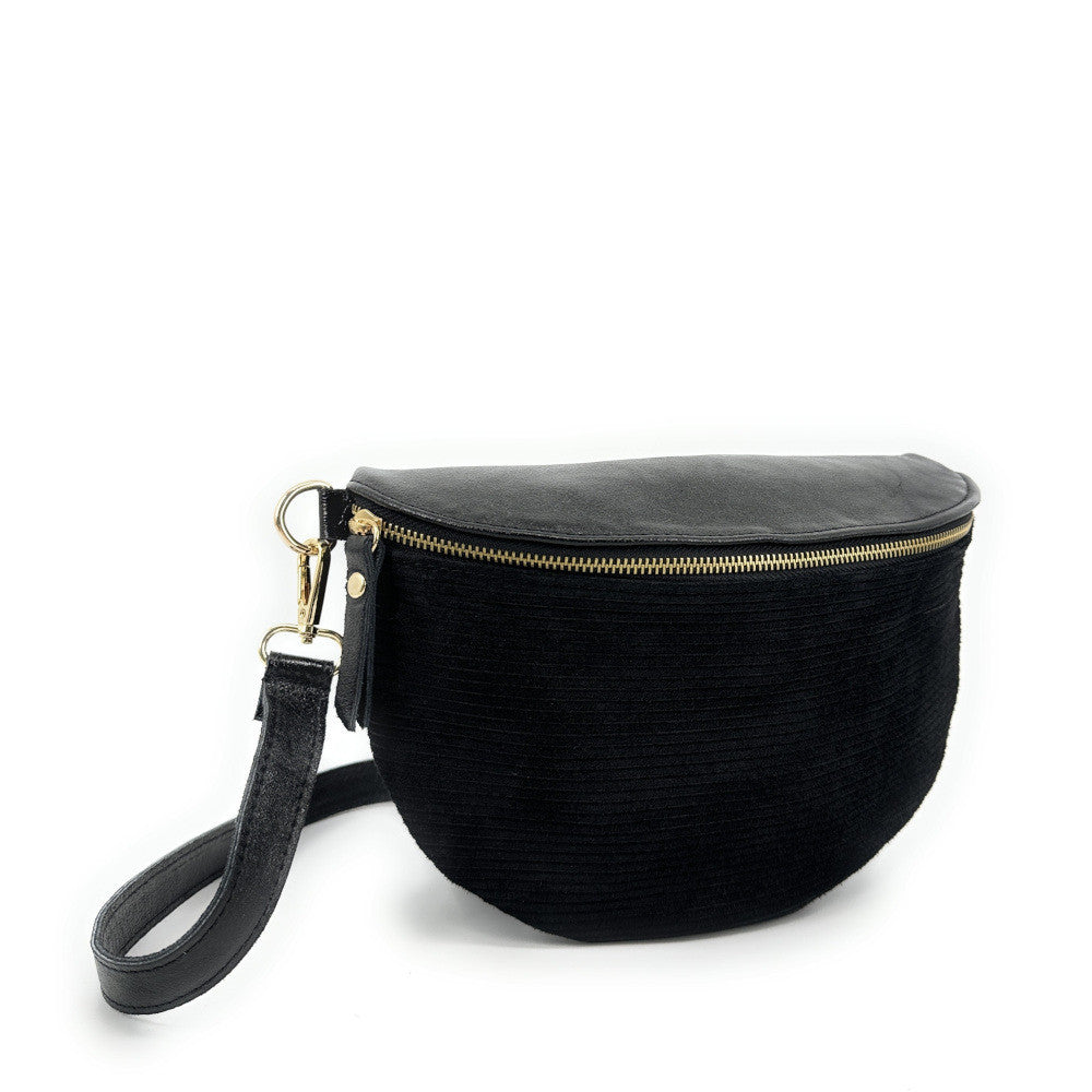 Sac banane en cuir irisé et croûte de cuir LOUNA VELOURS Noir