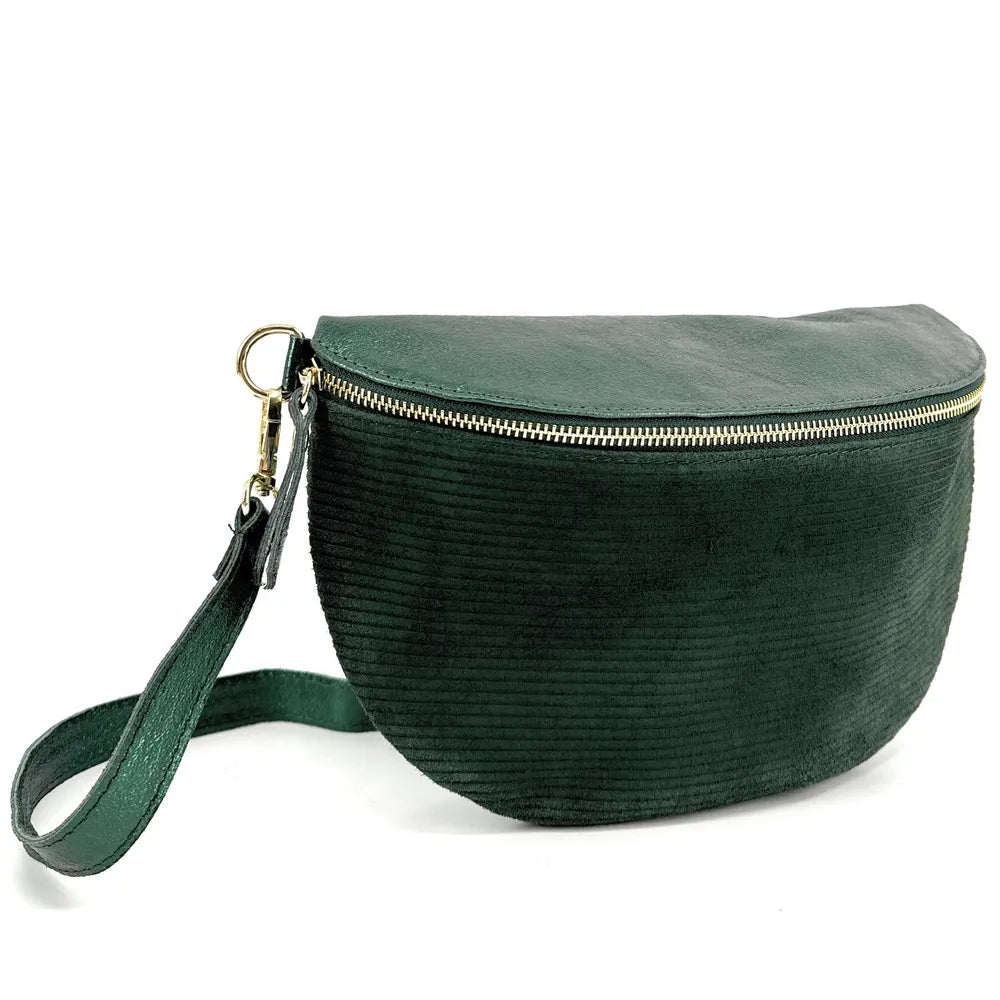 Sac banane en cuir irisé et croûte de cuir LOUNA VELOURS Vert forêt
