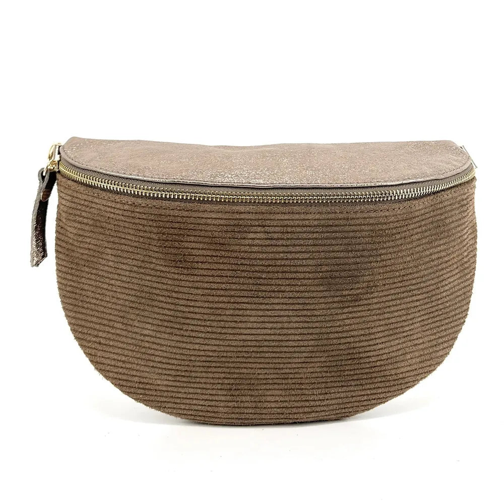 Sac banane en cuir irisé et croûte de cuir LOUNA VELOURS Taupe