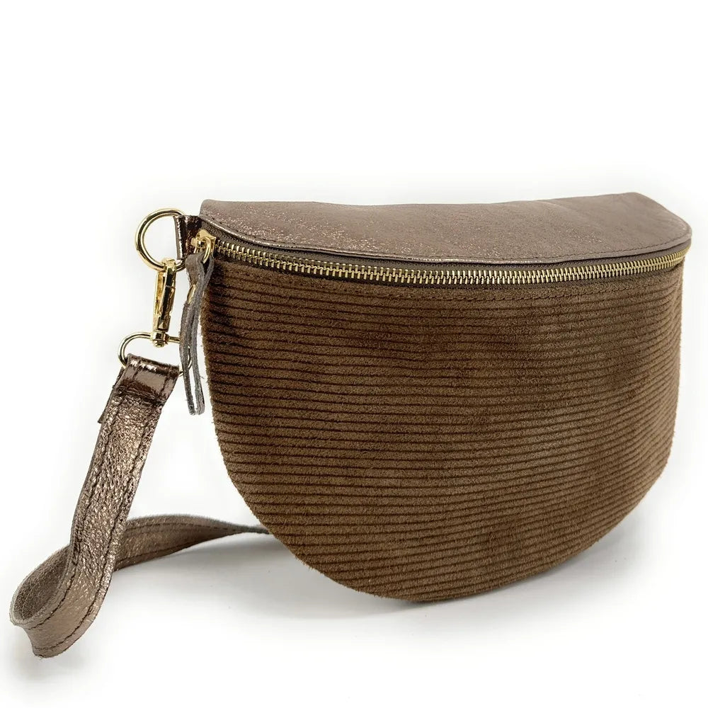 Sac banane en cuir irisé et croûte de cuir LOUNA VELOURS Taupe