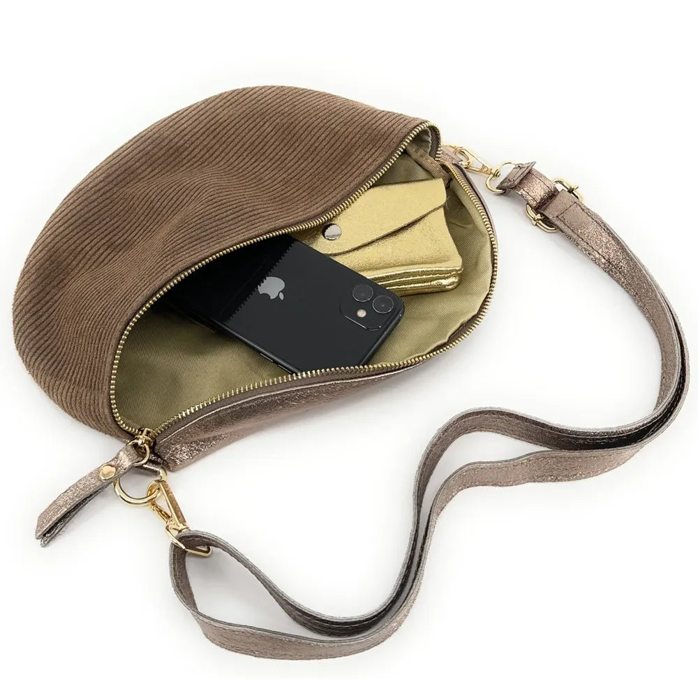 Sac banane en cuir irisé et croûte de cuir LOUNA VELOURS Taupe