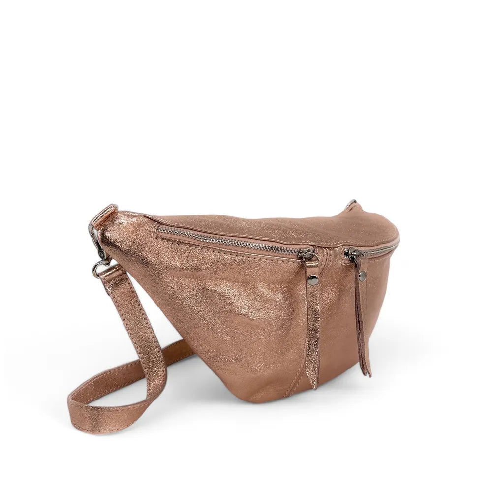 Sac banane en cuir irisé LILOU GLOW Rose gold