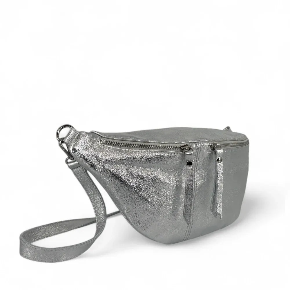 Sac banane en cuir irisé LILOU GLOW Argent moyen