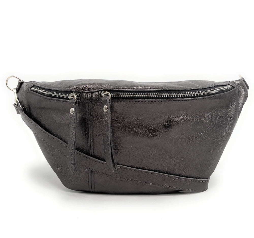 Sac banane en cuir irisé LILOU GLOW Argent foncé