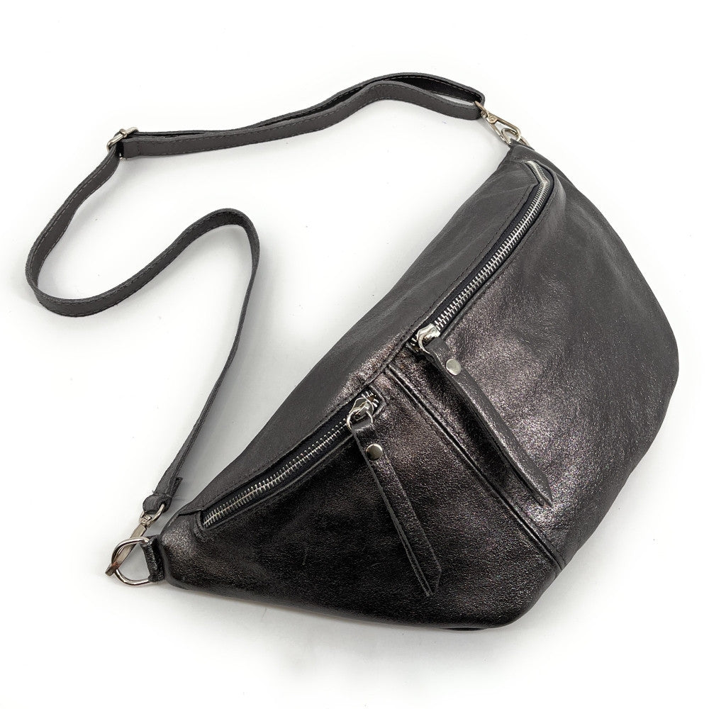 Sac banane en cuir irisé LILOU GLOW Argent foncé