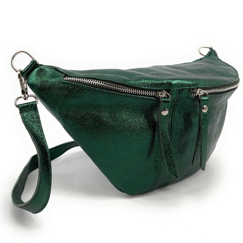 Sac banane en cuir irisé LILOU GLOW Vert forêt irisé