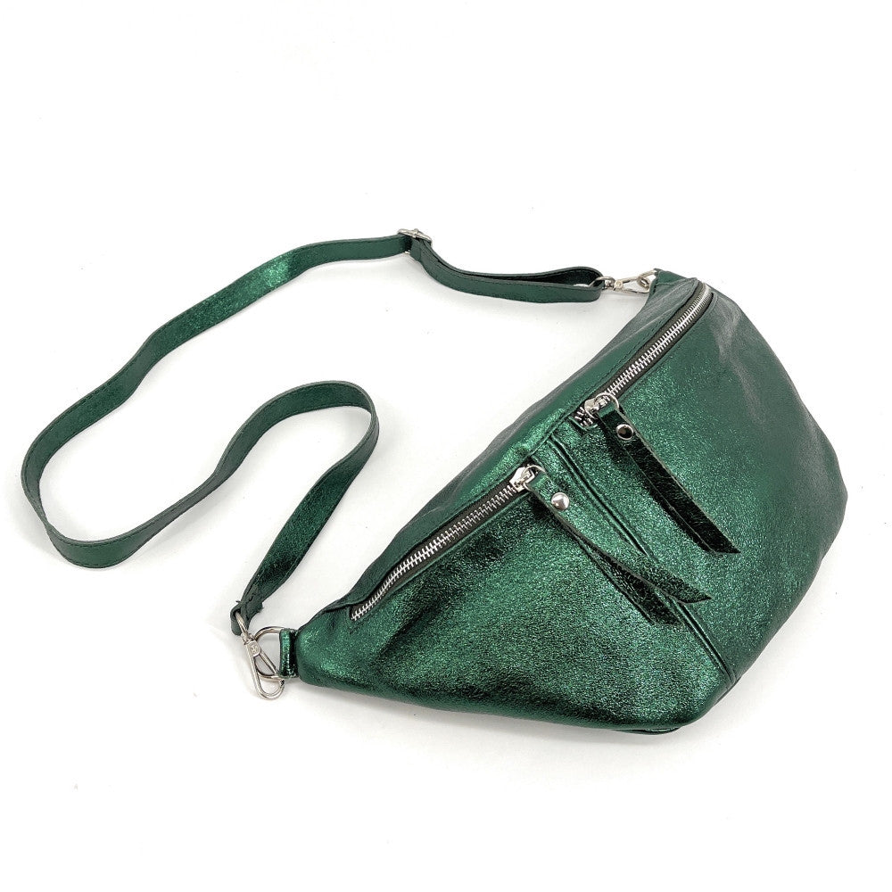 Sac banane en cuir irisé LILOU GLOW Vert forêt irisé