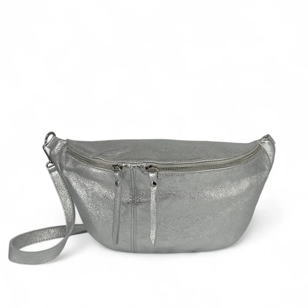 Sac banane en cuir irisé LILOU GLOW Argent moyen