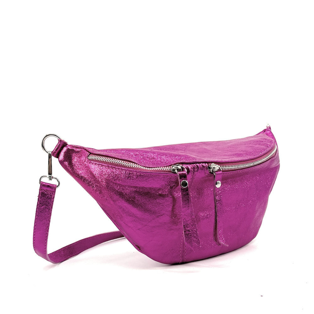 Sac banane en cuir irisé LILOU GLOW Fuchsia irisé