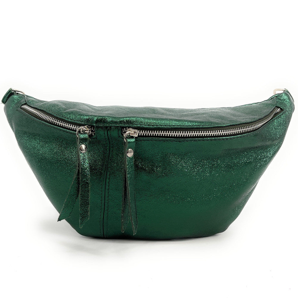 Sac banane en cuir irisé LILOU GLOW Vert forêt irisé