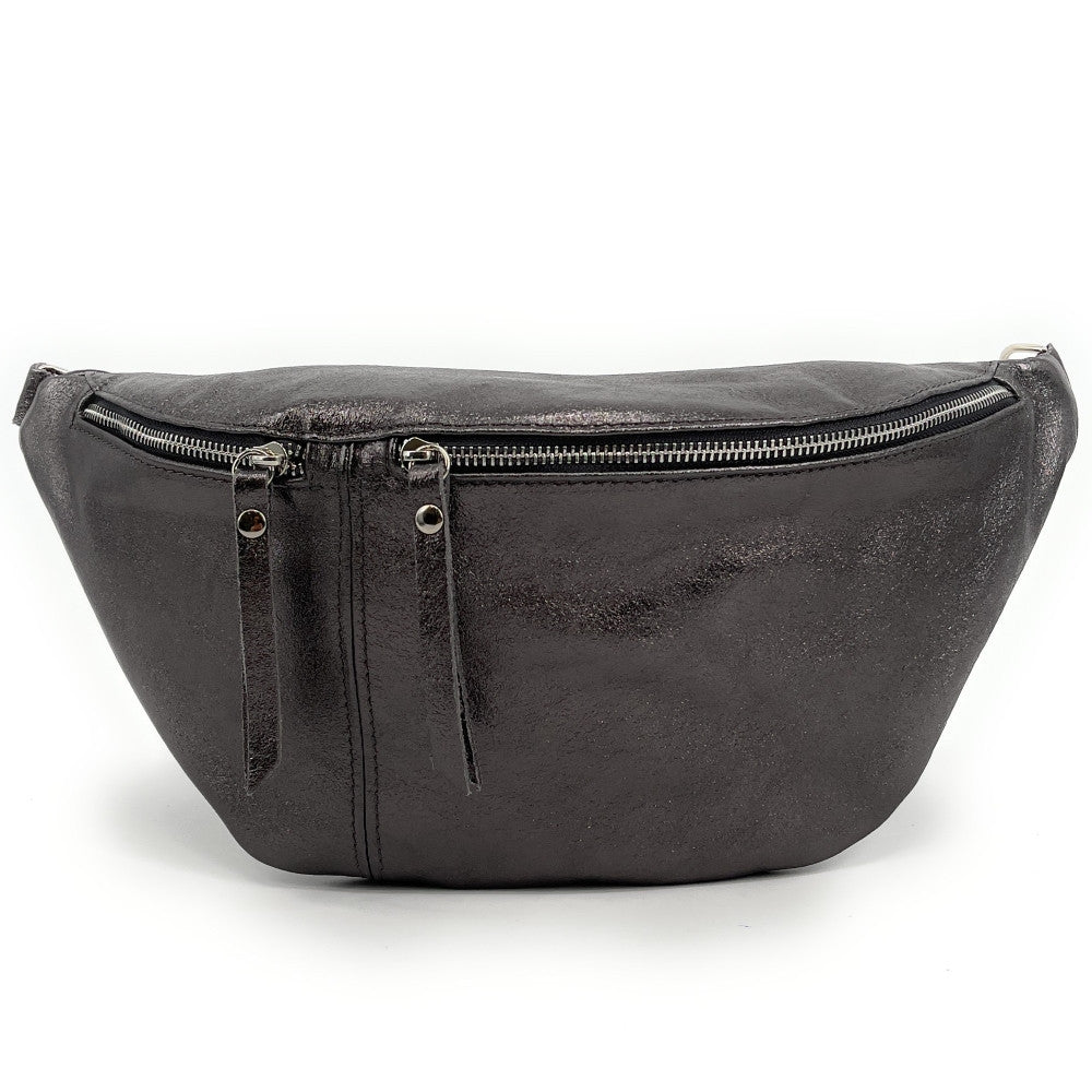 Sac banane en cuir irisé LILOU GLOW Argent foncé