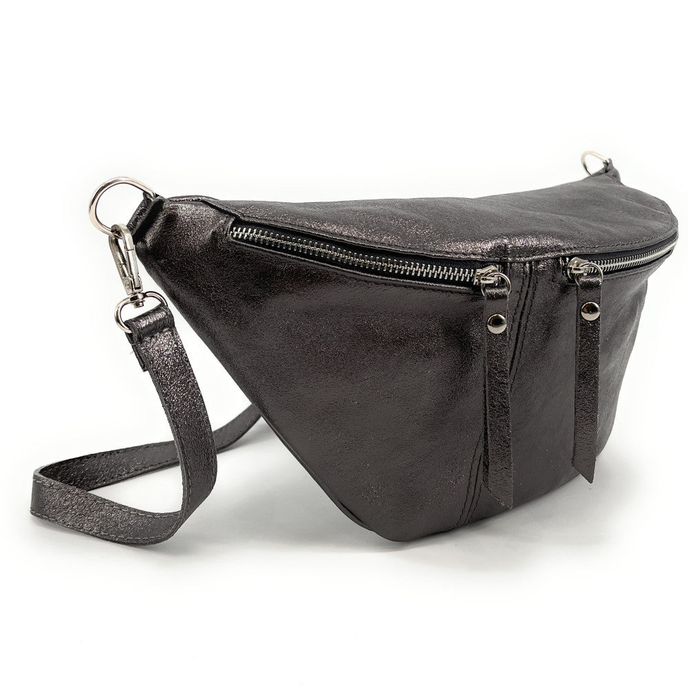 Sac banane en cuir irisé LILOU GLOW Argent foncé