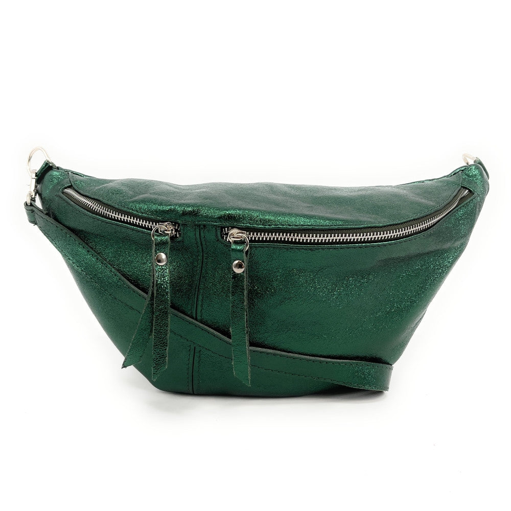 Sac banane en cuir irisé LILOU GLOW Vert forêt irisé