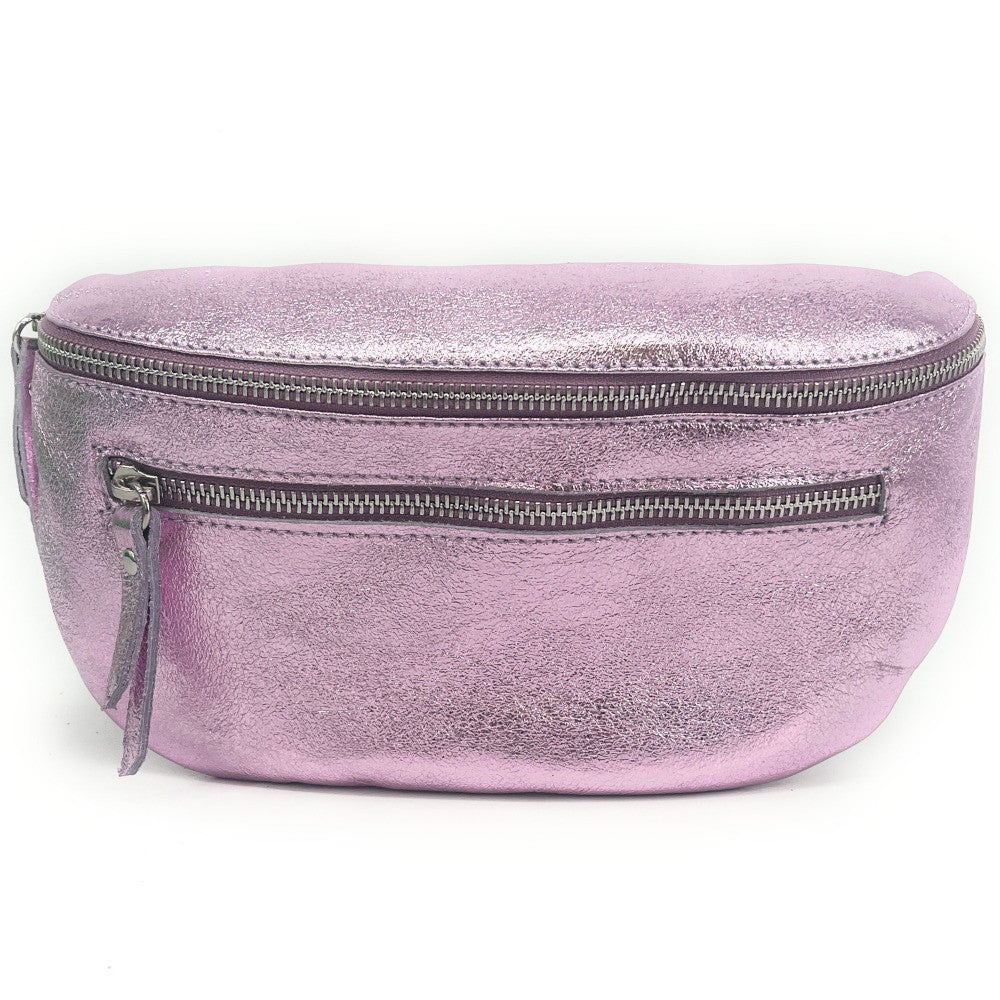 Sac banane en cuir irisé LOU-ANN Rose pâle irisé