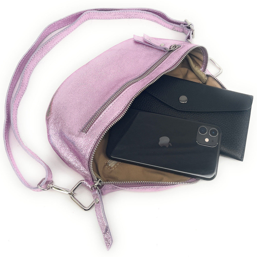 Sac banane en cuir irisé LOU-ANN Rose pâle irisé