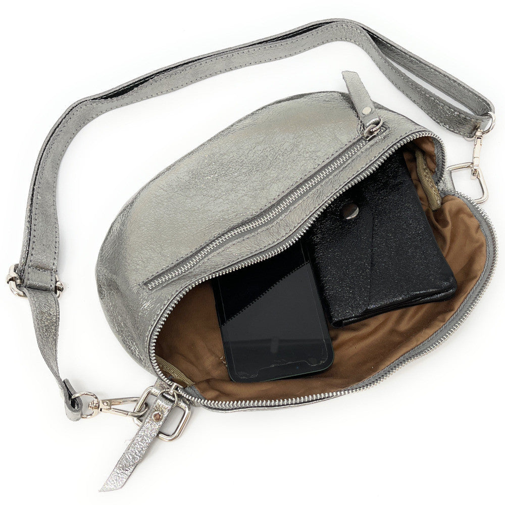 Sac banane en cuir irisé LOU-ANN Argent moyen
