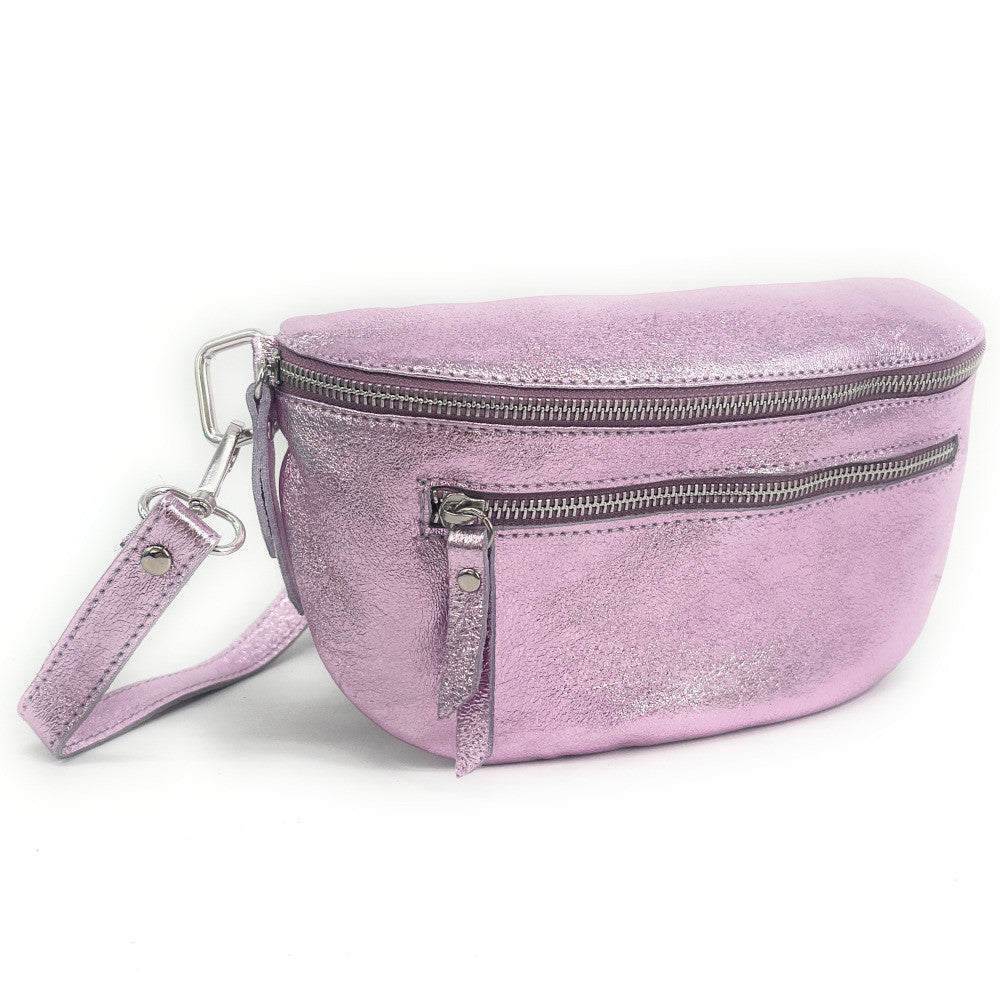 Sac banane en cuir irisé LOU-ANN Rose pâle irisé