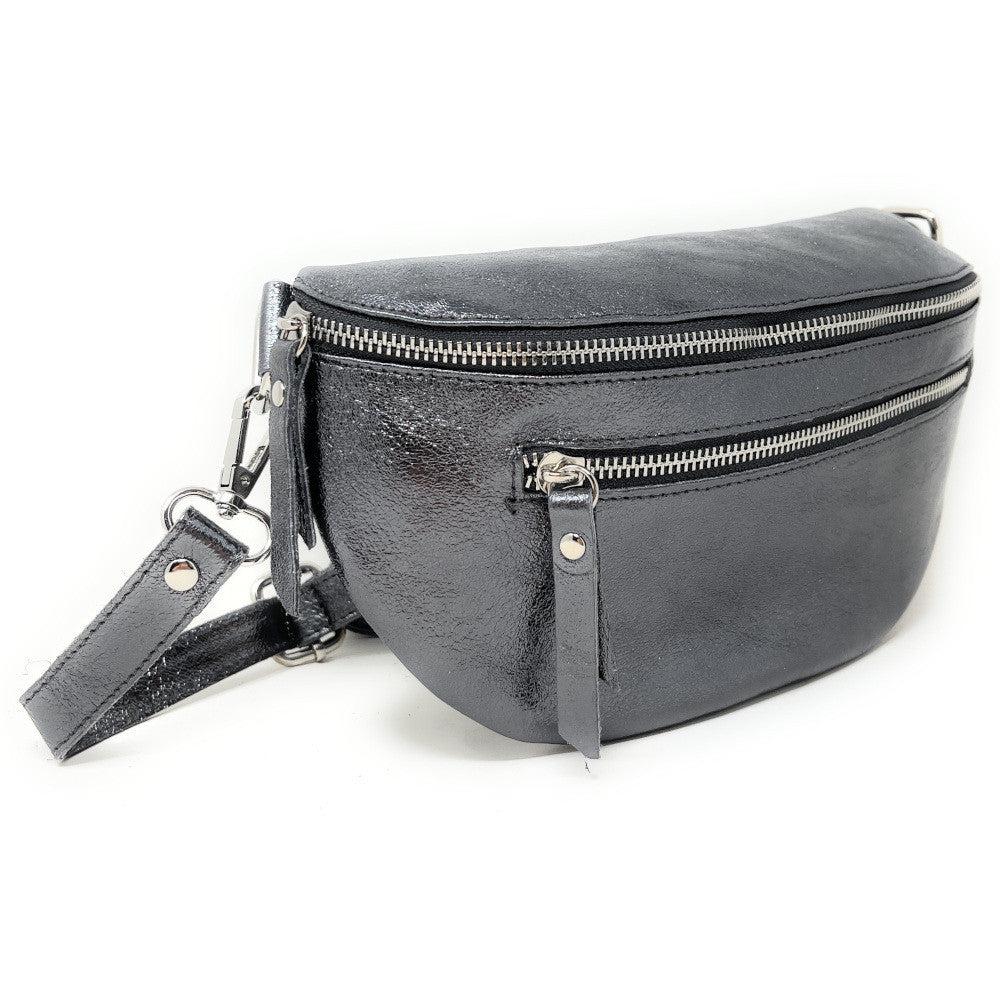 Sac banane en cuir irisé LOU-ANN Argent foncé
