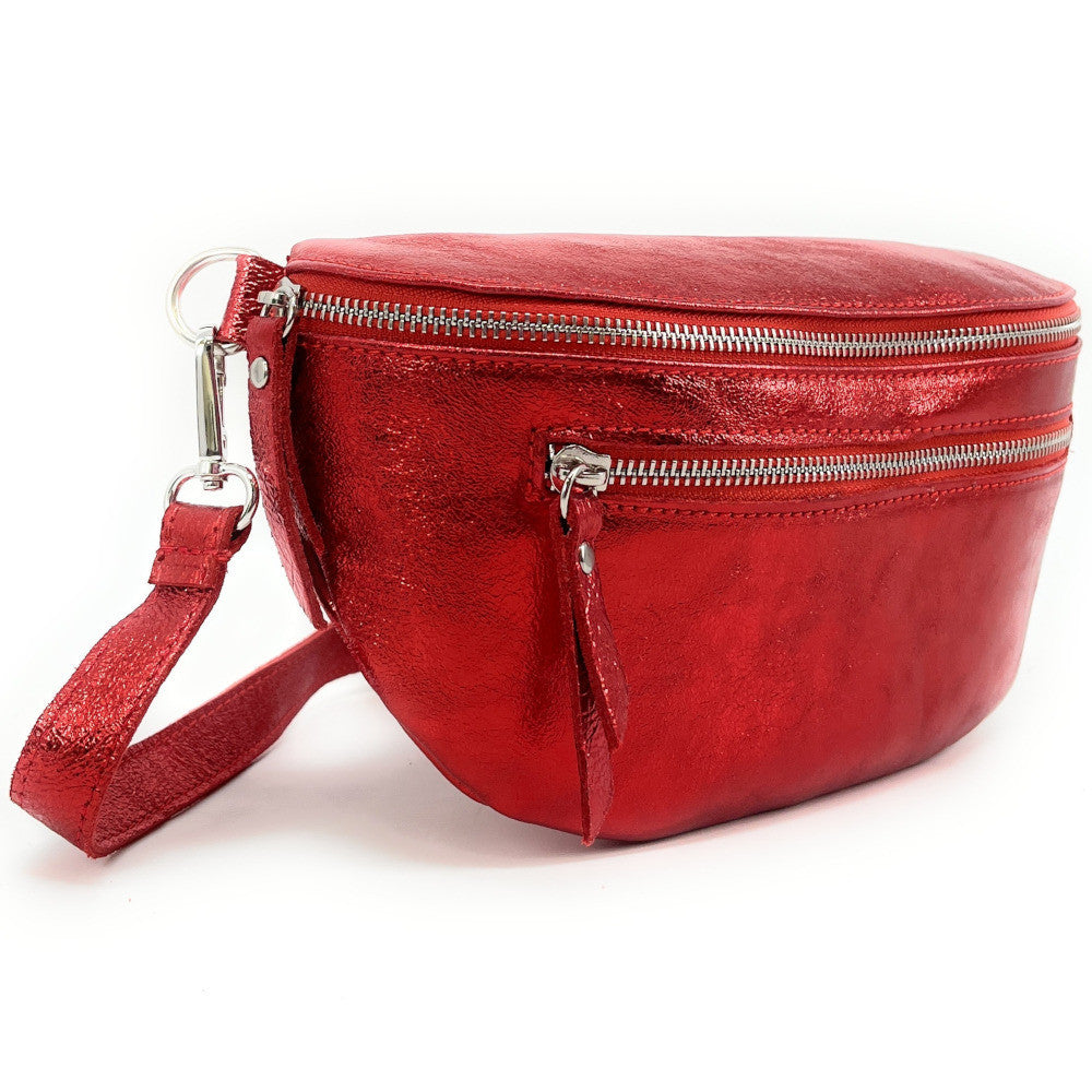 Sac banane en cuir irisé LOU-ANN Rouge garance