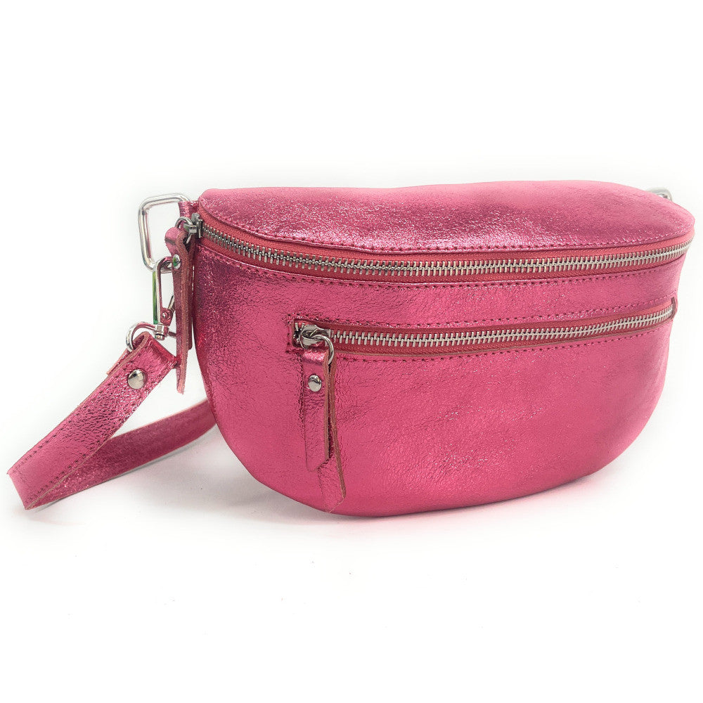 Sac banane en cuir irisé LOU-ANN Rose néon