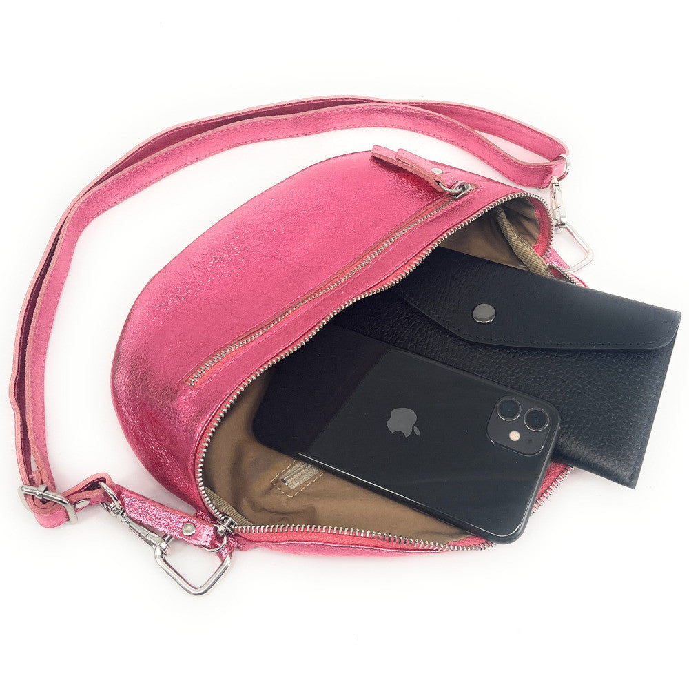 Sac banane en cuir irisé LOU-ANN Rose néon