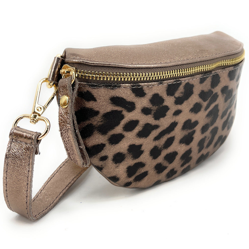 Sac banane en cuir irisé LOU-DO JUNGLE Léopard champagne
