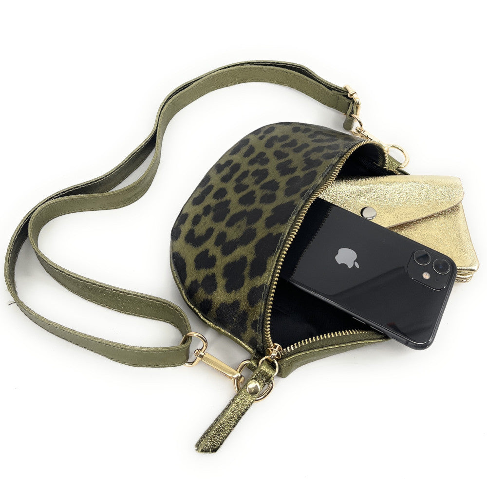 Sac banane en cuir irisé LOU-DO JUNGLE Léopard kaki irisé