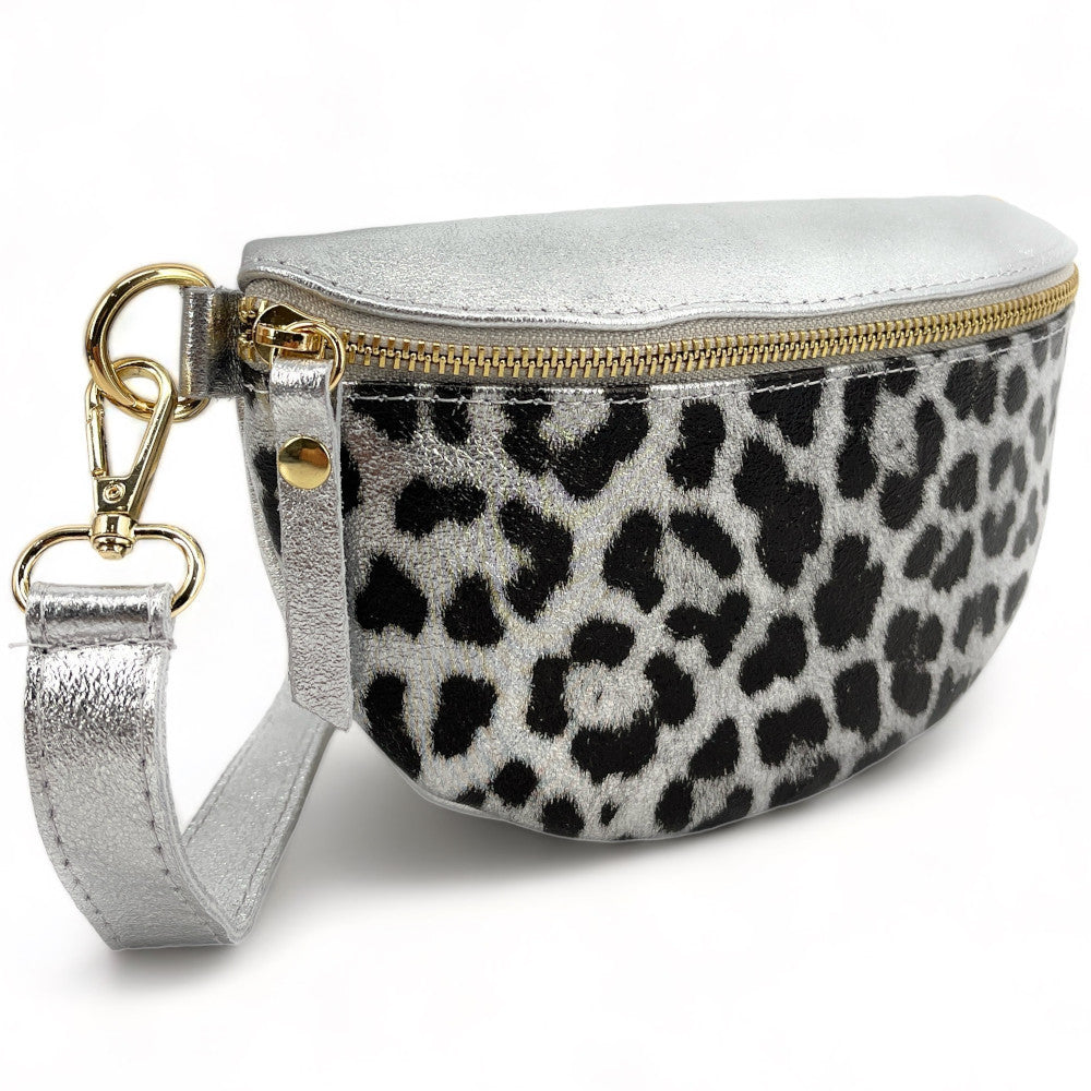 Sac banane en cuir irisé LOU-DO JUNGLE Léopard argent clair