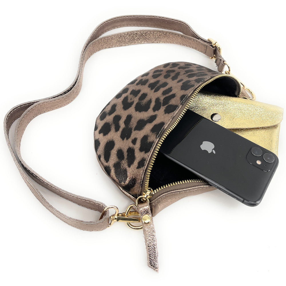 Sac banane en cuir irisé LOU-DO JUNGLE Léopard champagne