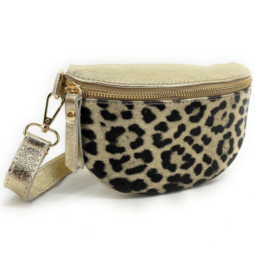 Sac banane en cuir irisé LOU-DO JUNGLE Léopard or pâle