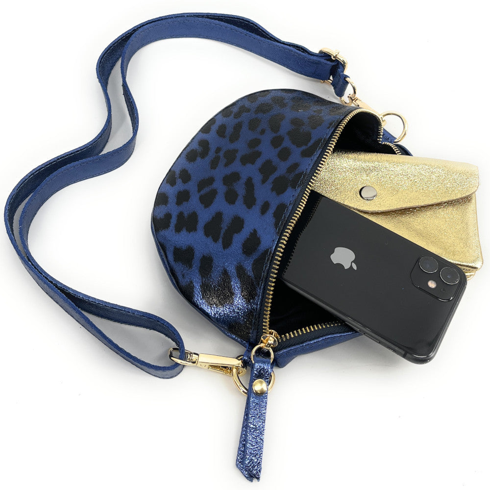 Sac banane en cuir irisé LOU-DO JUNGLE Léopard bleu profond