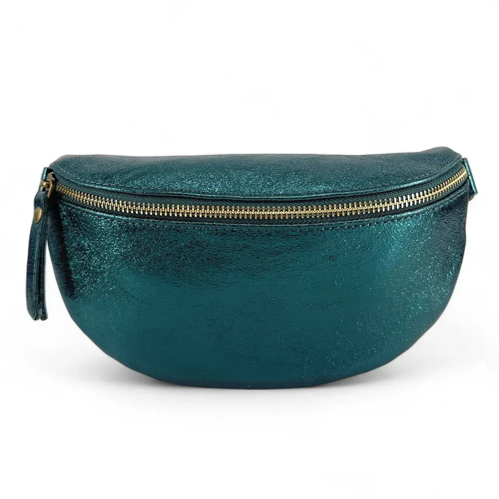 Sac banane en cuir irisé LOU-DO métal doré Bleu paon irisé