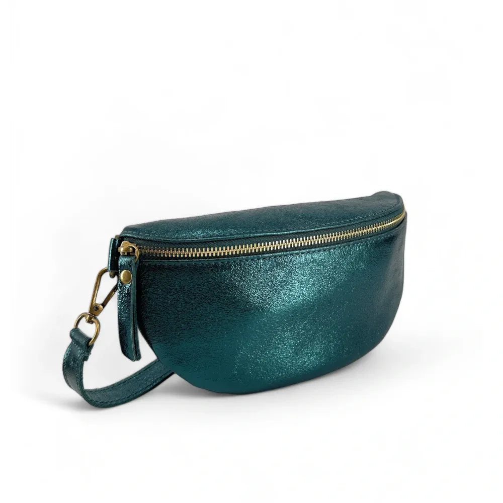 Sac banane en cuir irisé LOU-DO métal doré Bleu paon irisé