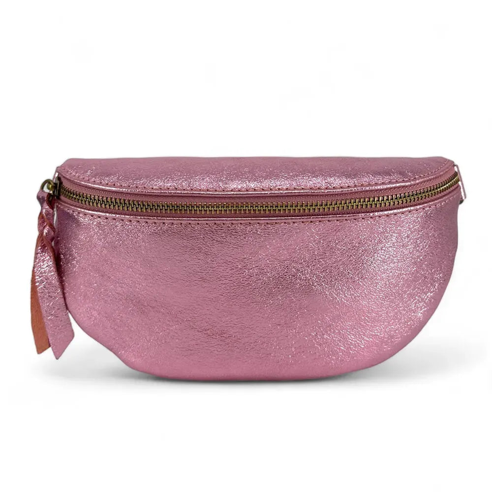 Sac banane en cuir irisé LOU-DO métal doré Rose pâle irisé