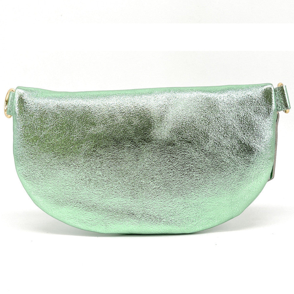 Sac banane en cuir irisé LOU-DO métal doré Menthe givrée