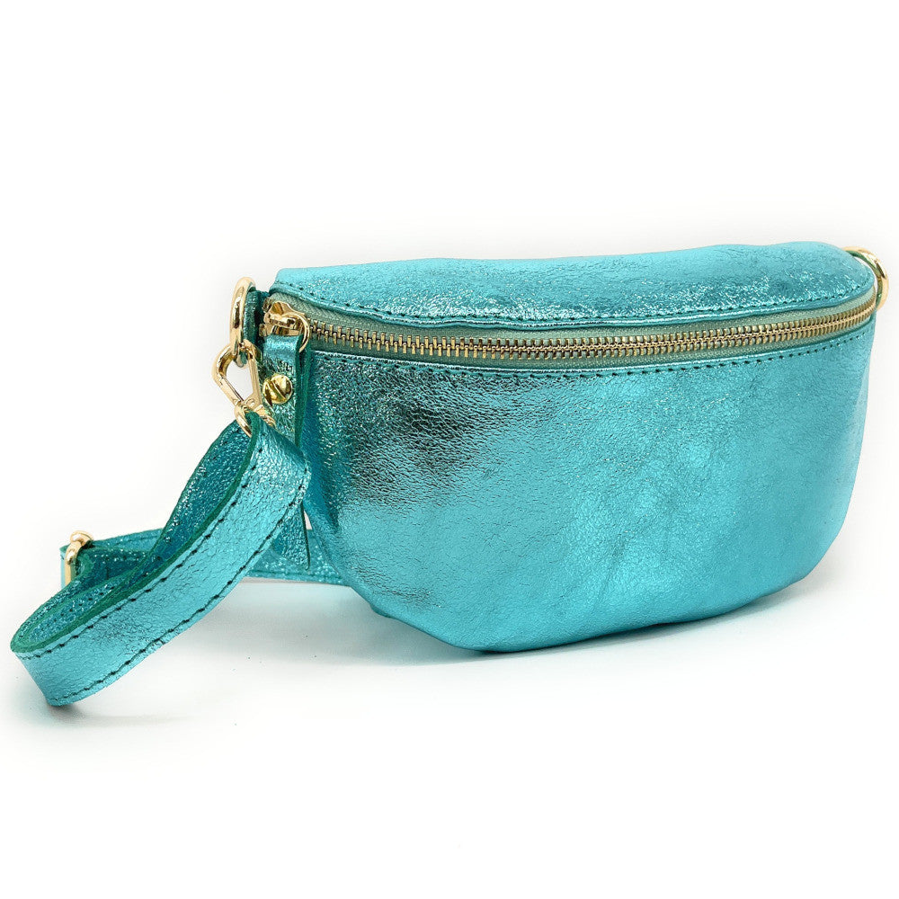 Sac banane en cuir irisé LOU-DO métal doré Turquoise irisé
