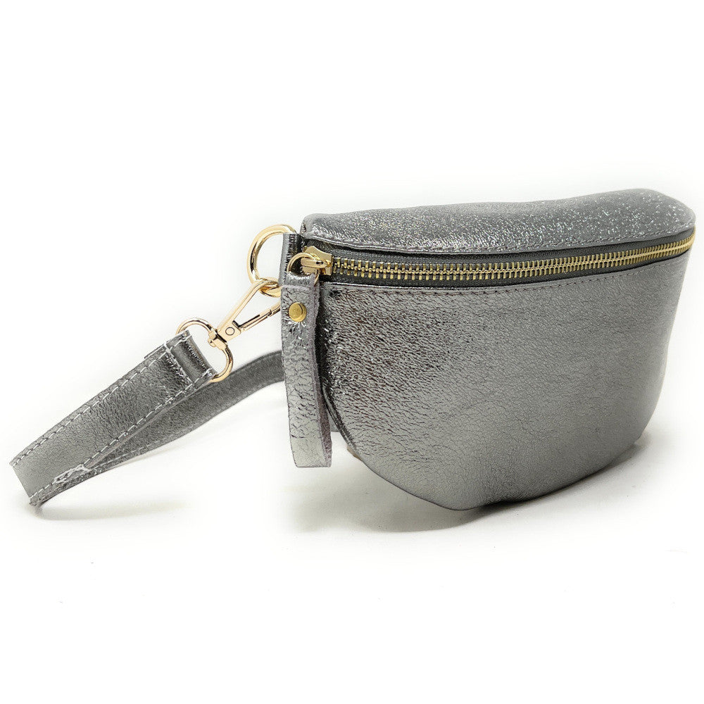 Sac banane en cuir irisé LOU-DO métal doré Argent foncé