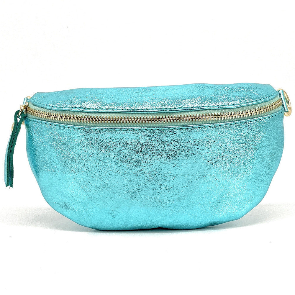 Sac banane en cuir irisé LOU-DO métal doré Turquoise irisé