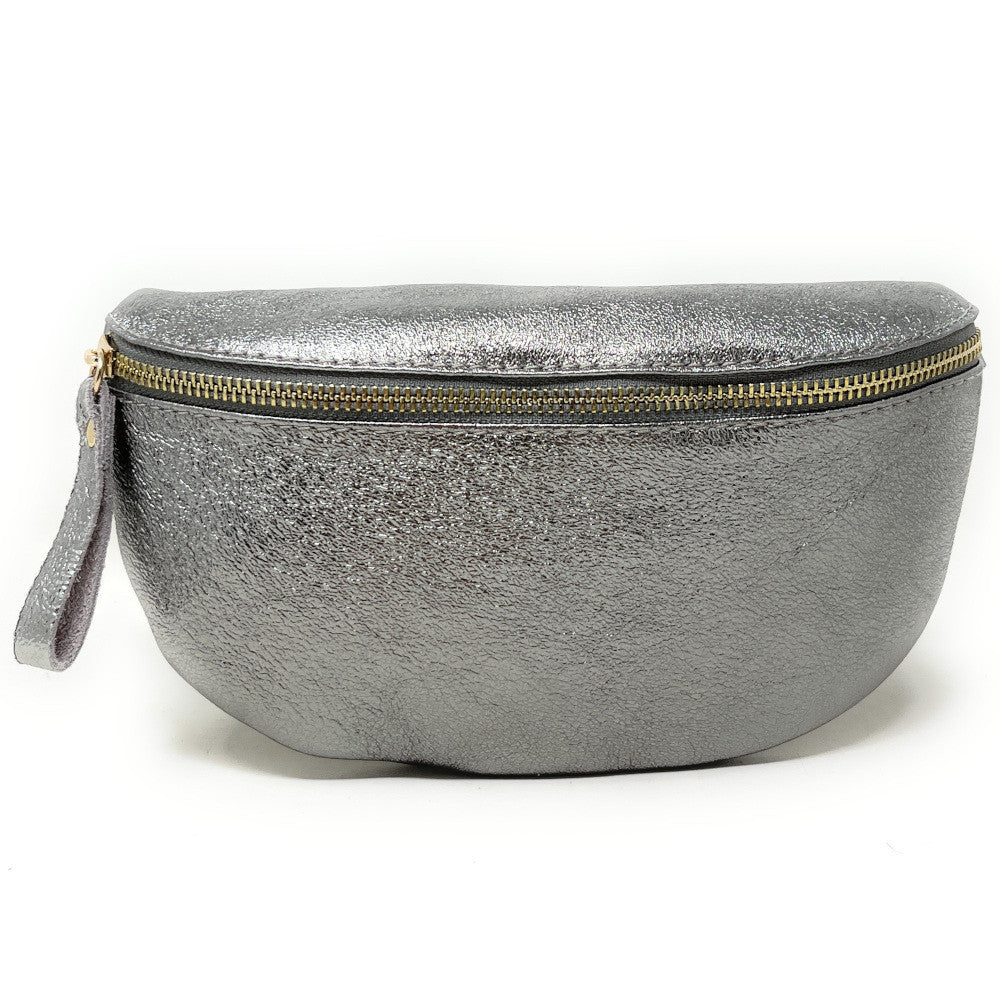 Sac banane en cuir irisé LOU-DO métal doré Argent foncé