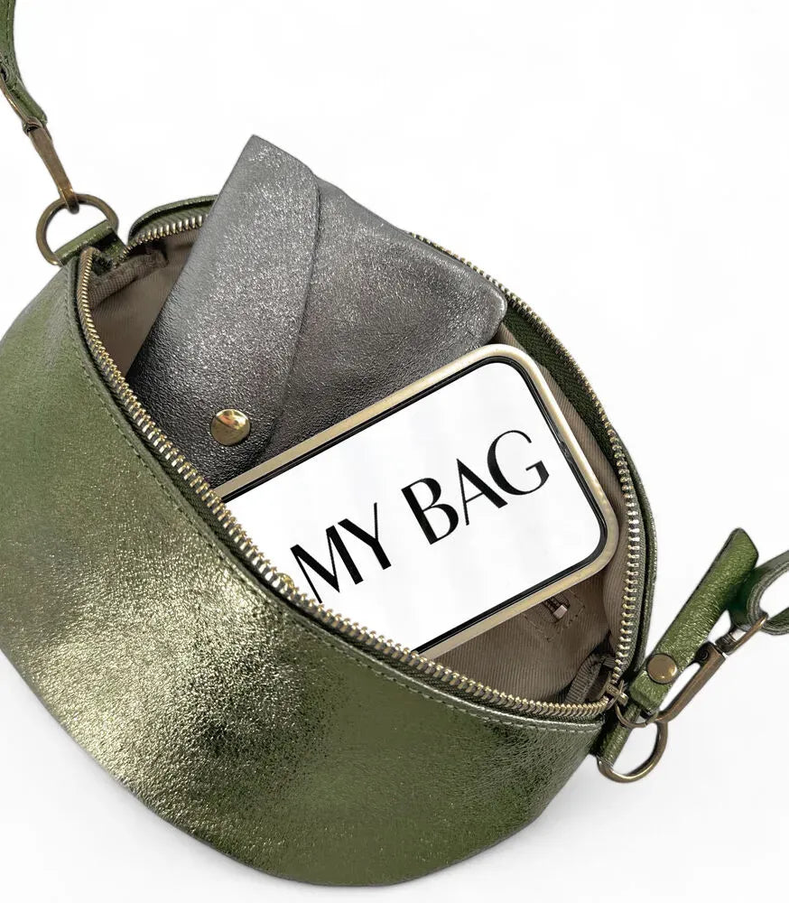 Sac banane en cuir irisé LOU-DO métal doré Kaki irisé