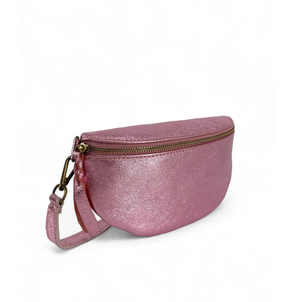 Sac banane en cuir irisé LOU-DO métal doré Rose pâle irisé