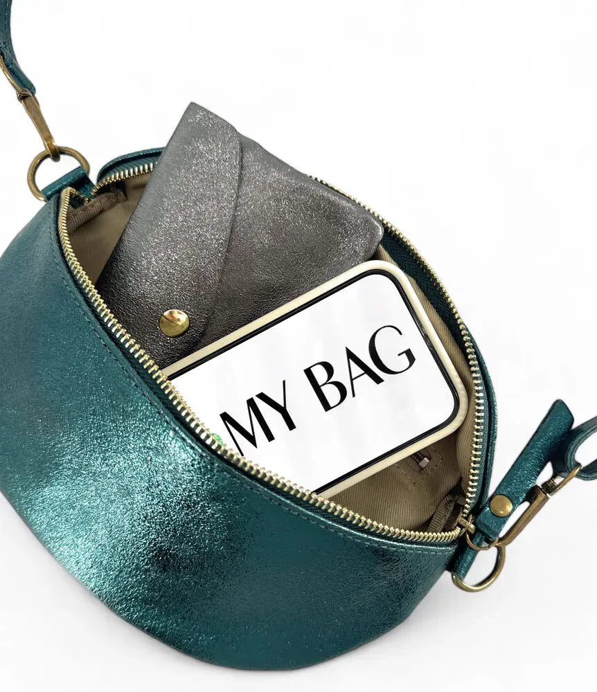 Sac banane en cuir irisé LOU-DO métal doré Bleu paon irisé