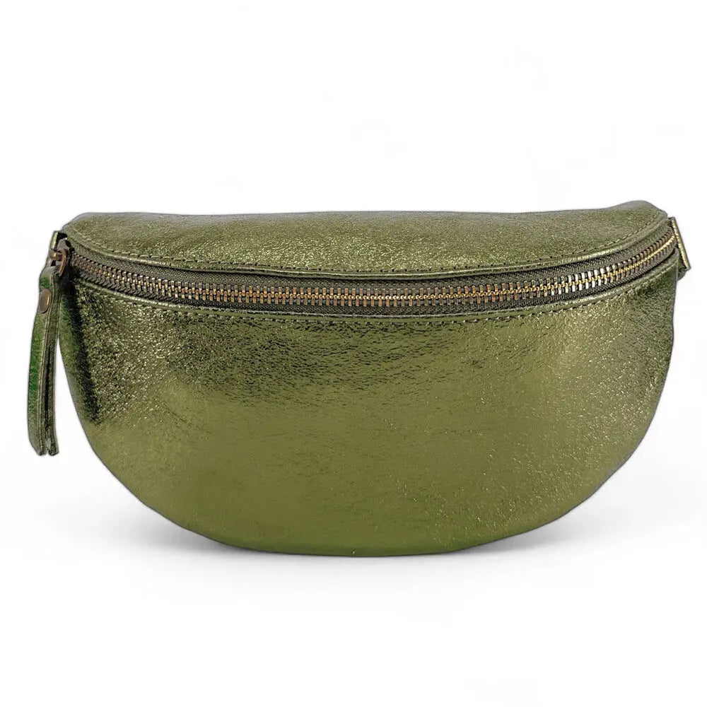 Sac banane en cuir irisé LOU-DO métal doré Kaki irisé