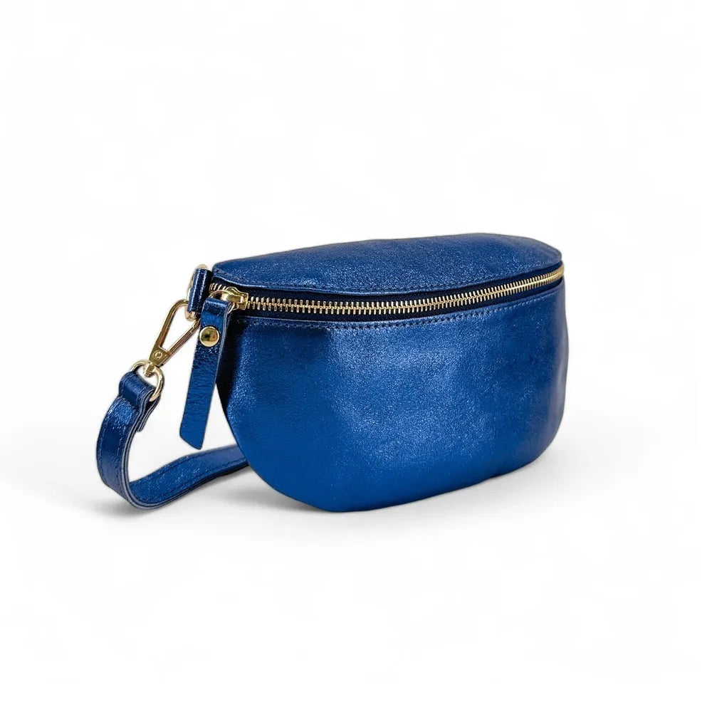 Sac banane en cuir irisé LOU-DO métal doré Bleu roi irisé