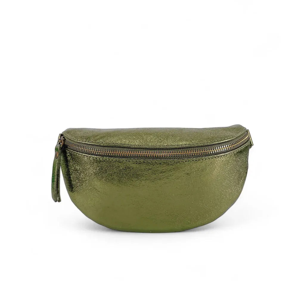 Sac banane en cuir irisé LOU-DO métal doré Kaki irisé