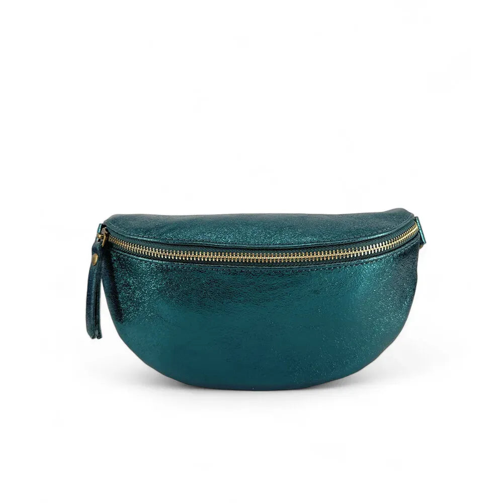 Sac banane en cuir irisé LOU-DO métal doré Bleu paon irisé