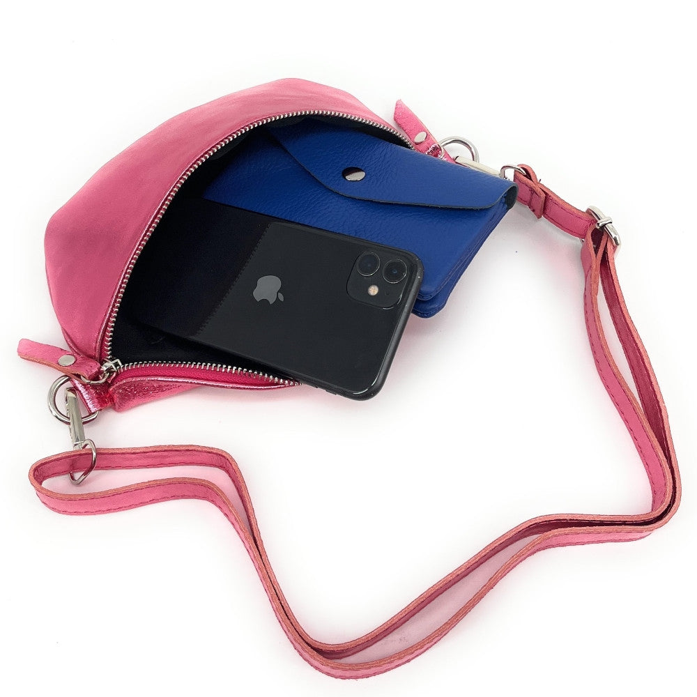 Sac banane en cuir irisé LOU Rose néon